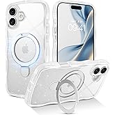 BENTOBEN Magnetic for iPhone 16 Plus Case with Invisible Kickstand Ring [Compatible with Magsafe] Clear Glitter Curly Wavy Non-Slip Shockproof Women Men Phone Cover for iPhone 16 Plus, Clear Glitter