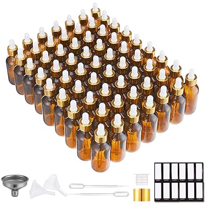 PrettyCare Eye Dropper Bottle 2 oz (63 Pack Amber Glass Bottles 60ml with Golden Caps, 2 Extra Eye Droppers, 24 Labels, Funnel &amp; Measured Pipettes) Empty Tincture Bottles for Essential Oils