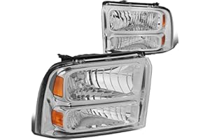 DNA MOTORING Pair Headlight Assembly Compatible with 05-07 Ford F250 F350 F450 F550 SD, Driver and Passenger Side, Chrome Amber, HL-OH-FSUPER05-CH-AM
