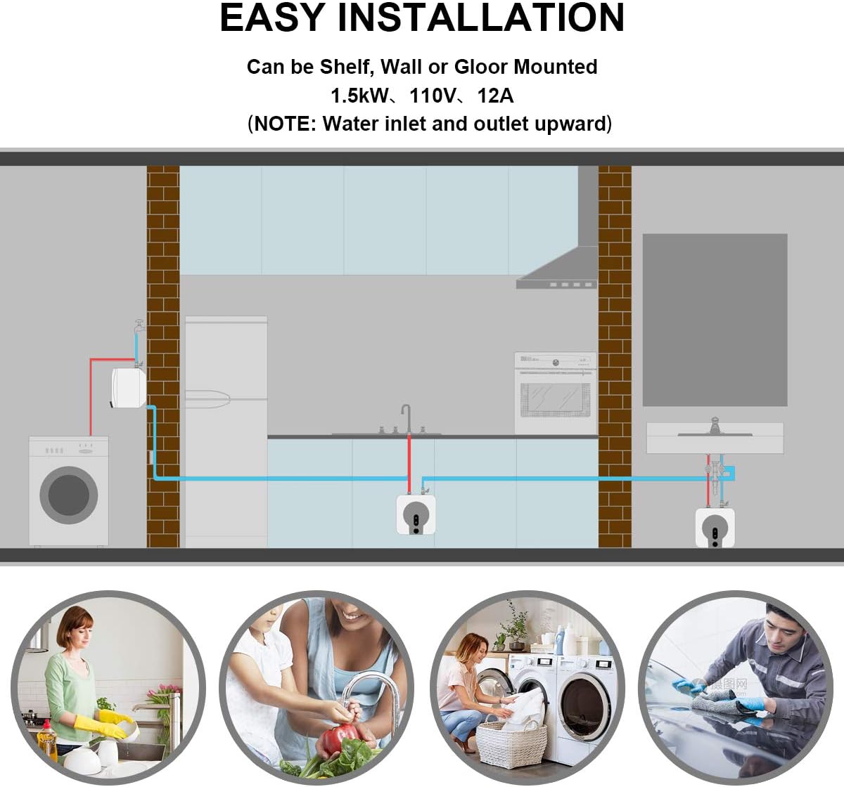 110V-120V Electric Mini-Tank Hot Water Heater Storage, 1.5KW Kitchen Household Compact Size Point-of-Use, Hot Water Output of 2.5 Gallon, 2 PCs 16” Long 1/2”FIP Stainless Steel Water Hoses, GFCI Plug - - 