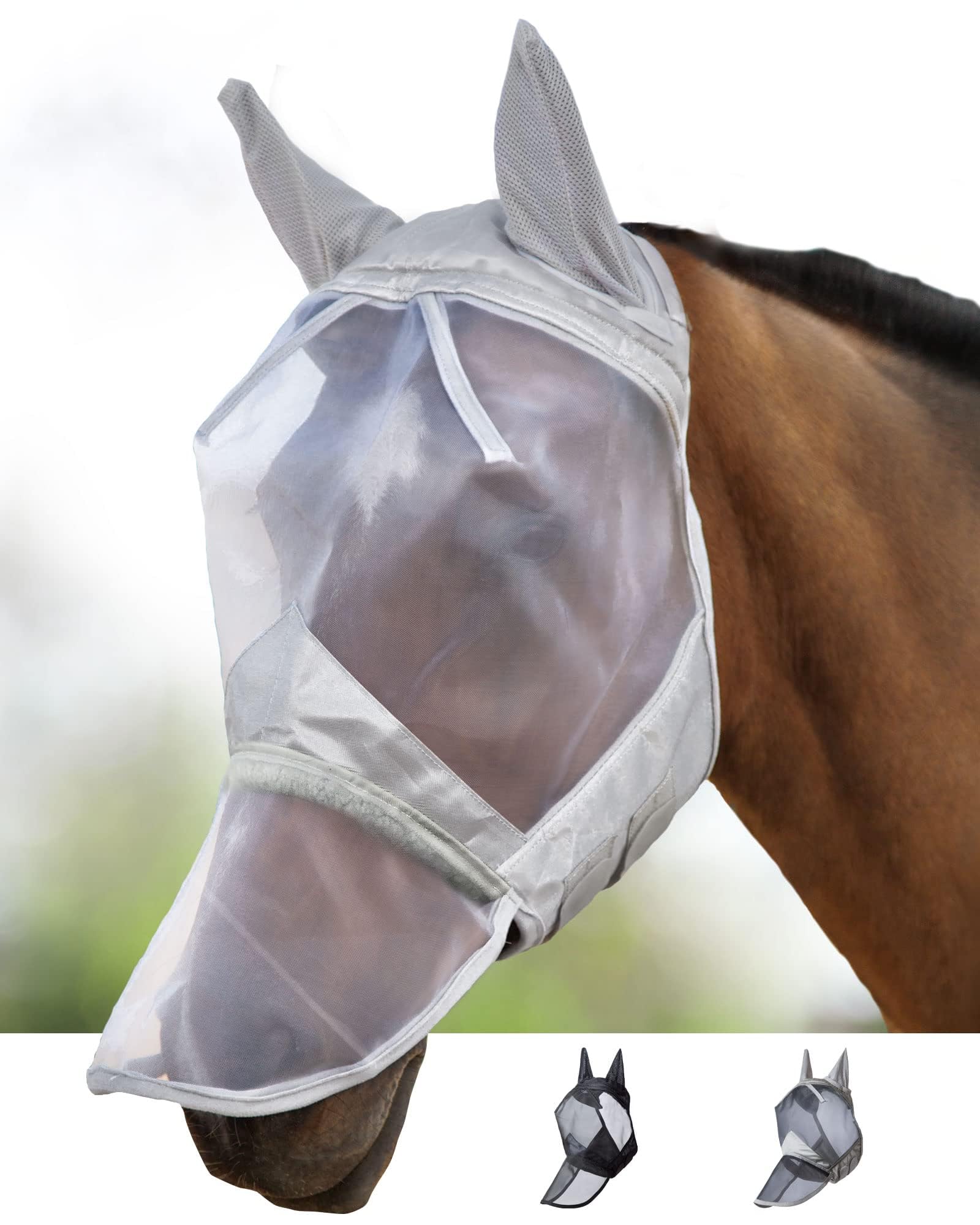 Harrison Howard CareMaster Horse Fly Mask Long Nose with Ears Full Face Moonlight Silver Small Pony