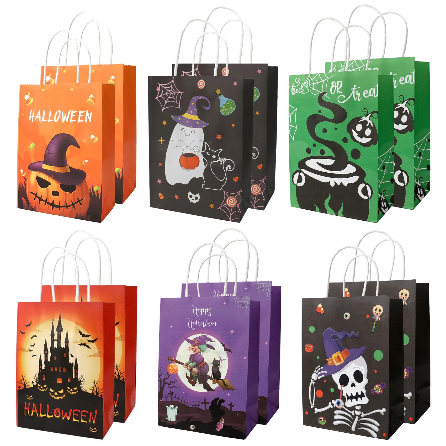 Photo 1 of 12 PCS Halloween Bags with Handles, 6 Styles Halloween Paper Bags for Gift Candy Goodie Snacks Treat Cookie Wrap Party Favors Supplies Decorations Trick or Treat Horror theme Birthday Baggies Pouch