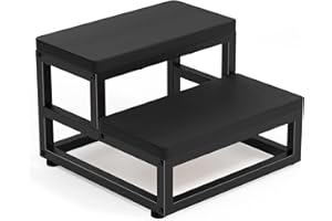 Y&M Two-Step Stool for Adults & Kids, Waterproof HDPE Bed Step with Adjustable Non-Slip Feet, Sturdy Metal Frame for Kitchen, Bathroom, Bedroom, RV & Outdoor Use, Black