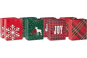 Hallmark Image Arts 8" Medium Christmas Gift Bags (8 Red and Green Bags: Plaid, Snowflake, Joy, Deer) for Teachers, Coworkers, Family