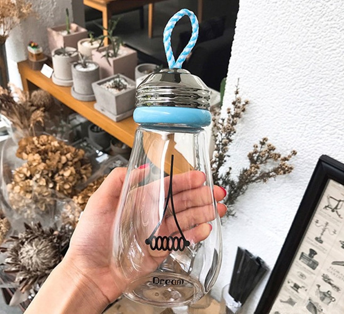 Keemanman Creative Bulb Cup,BPA Free Glass Travel Tea Mug,Cute Water Bottle with Neoprene Sleeve 14 Ounce (blue)