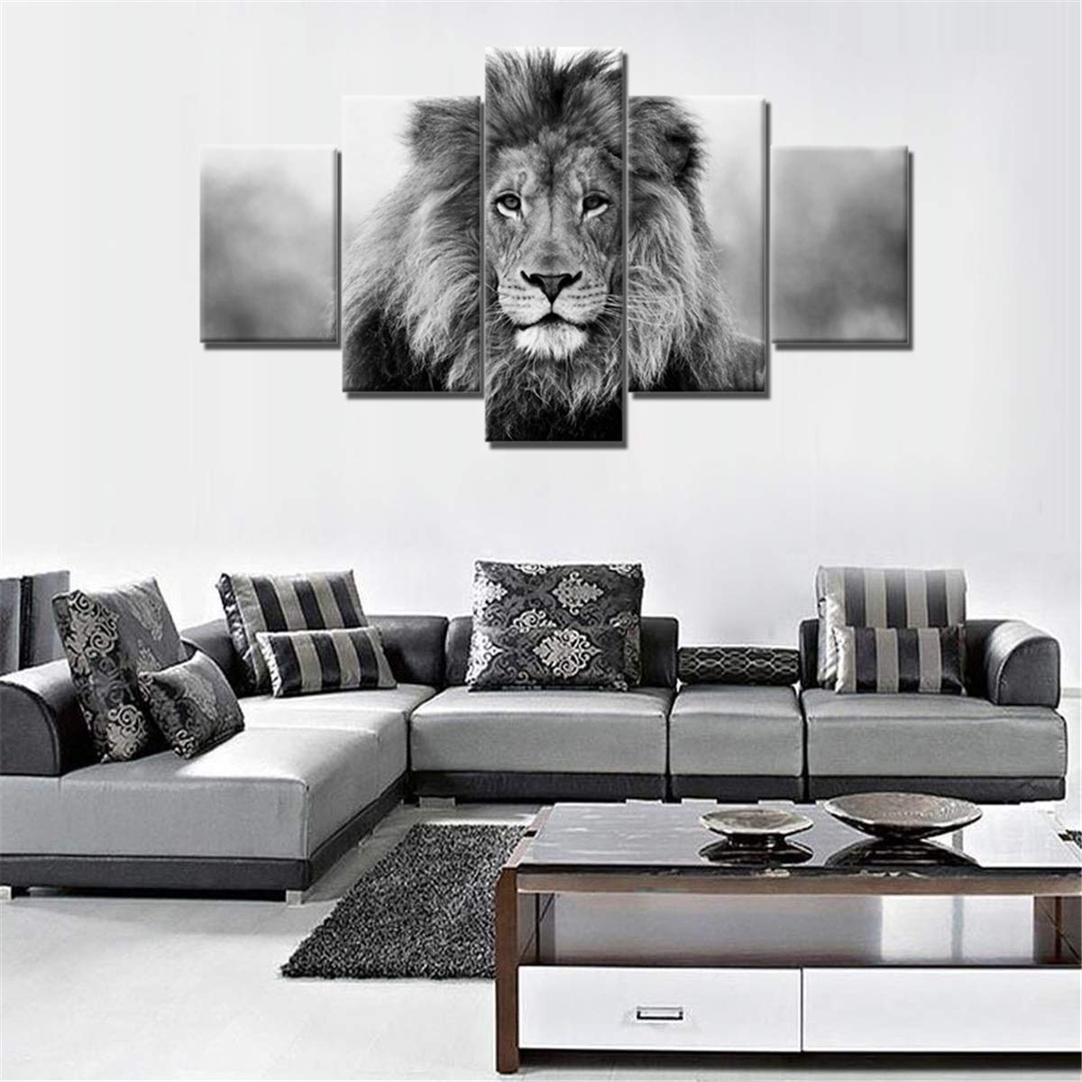 JESC 5 Pieces Canvas Paintings Black White Animal Lion Wood Handmade Solid Wood Inner Frame Lightweight and Easy to Put Up (W) 40''x22'' (H