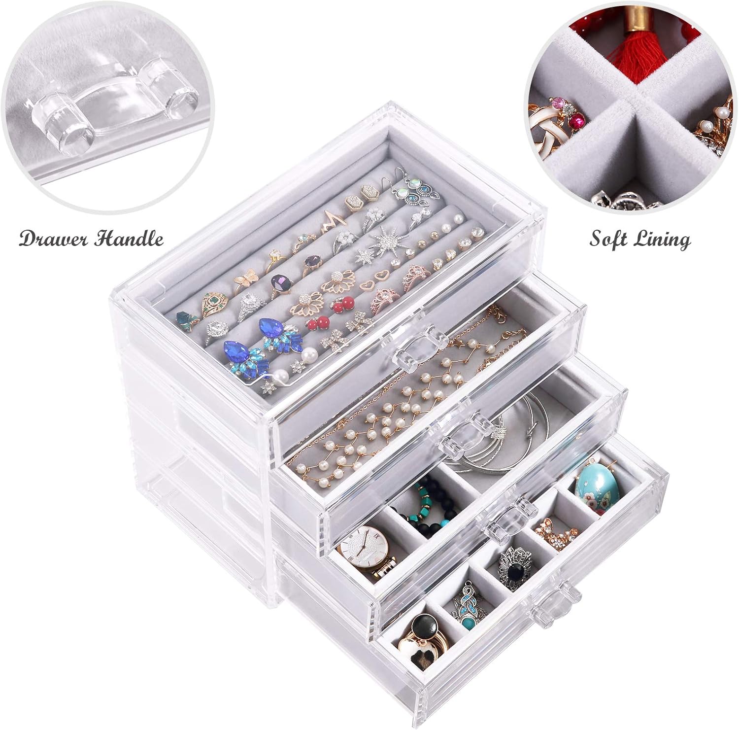 DIJA Acrylic Jewelry Box with 4 Drawers, Velvet Jewelry Organizer for Earring Bangle Bracelet Necklace Rings Clear Acrylic Jewelry Display case, Gray: Home Improvement