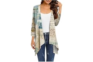 FLEKMANART Summer Cardigan for Women Printing Fall and Winter Kimono 3/4 Sleeve Irregular Hem Resort Wear Open Front Cardigan