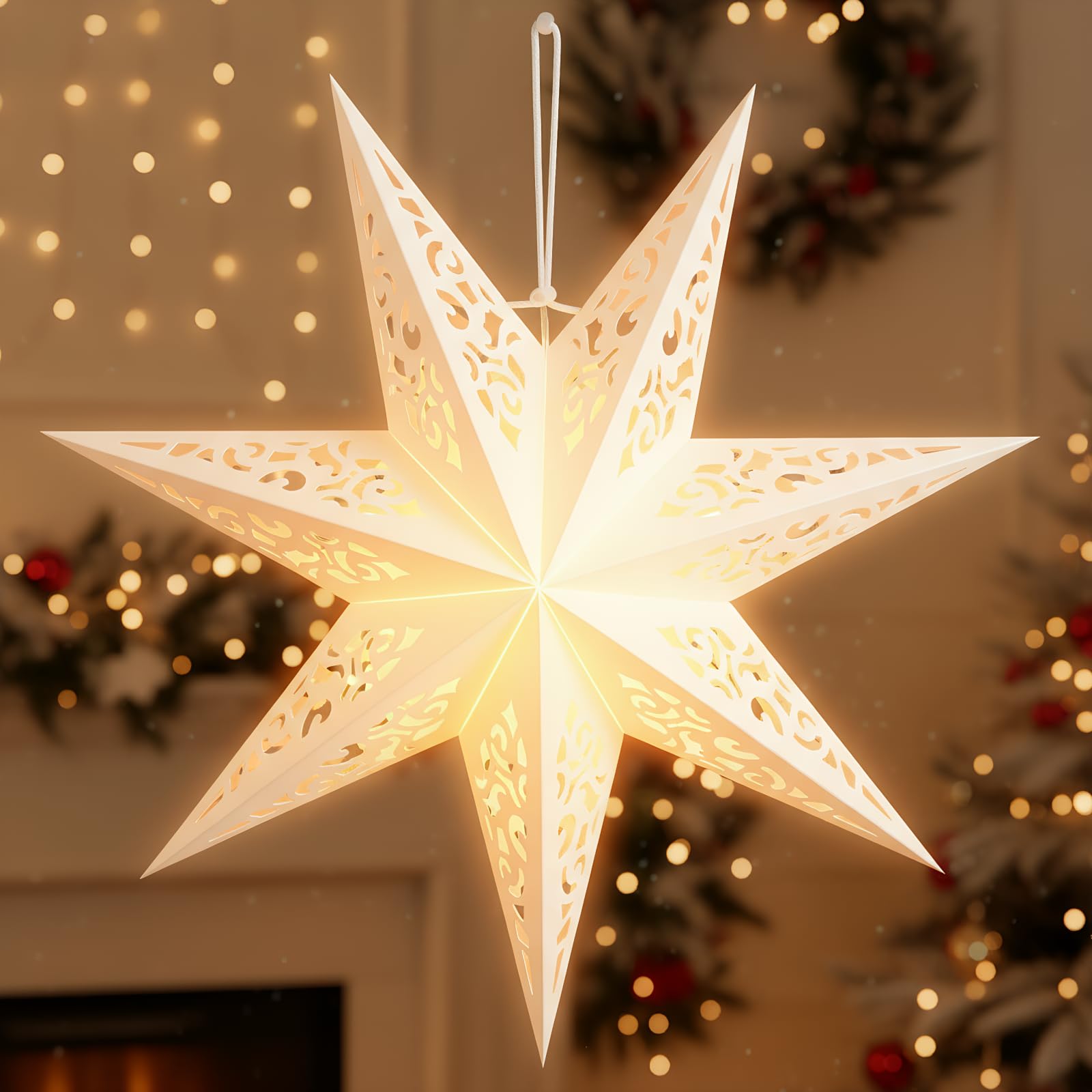 Paper Star Lantern Lampshade: White 7 Pointed Hollow Out Star Lights Lantern Wedding Christmas Ceiling Wedding Party Birthday Hanging Pendant Decor Supplies 45CM Paper Light Shade