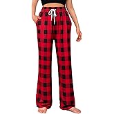 Alimens & Gentle Womens Pajama Pants Plaid Stretch Comfy Lounge Pants Drawstring Waist Sleep Bottoms with Pockets