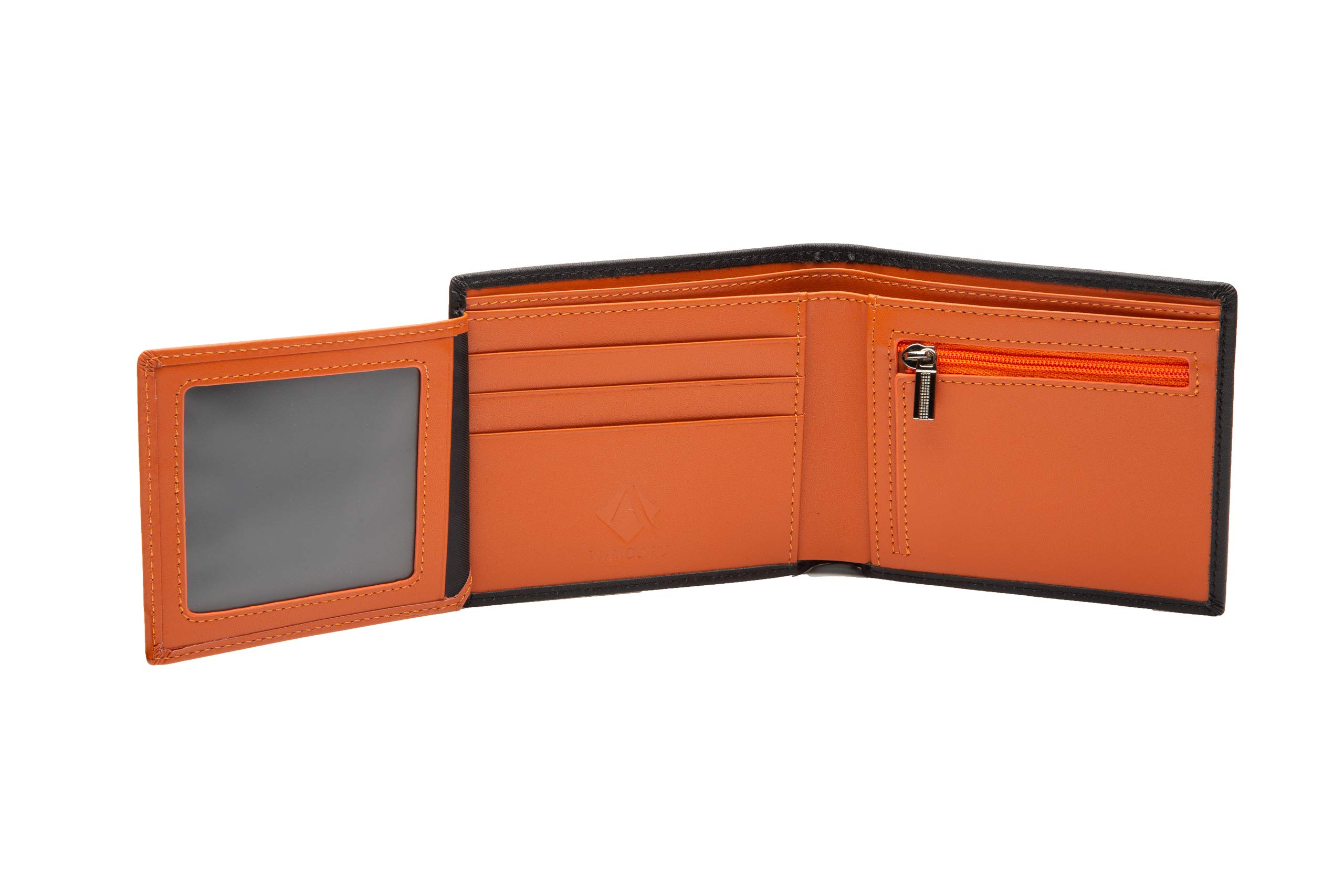 Wallets Mens Slim RFID Blocking wallet, Genuine Leather wallet with Coin Pocket, 2 Banknote Compartments, Credit Card Holders, ID Window, Amboseli Wallet for Men with luxurious Gift Box (black orange)