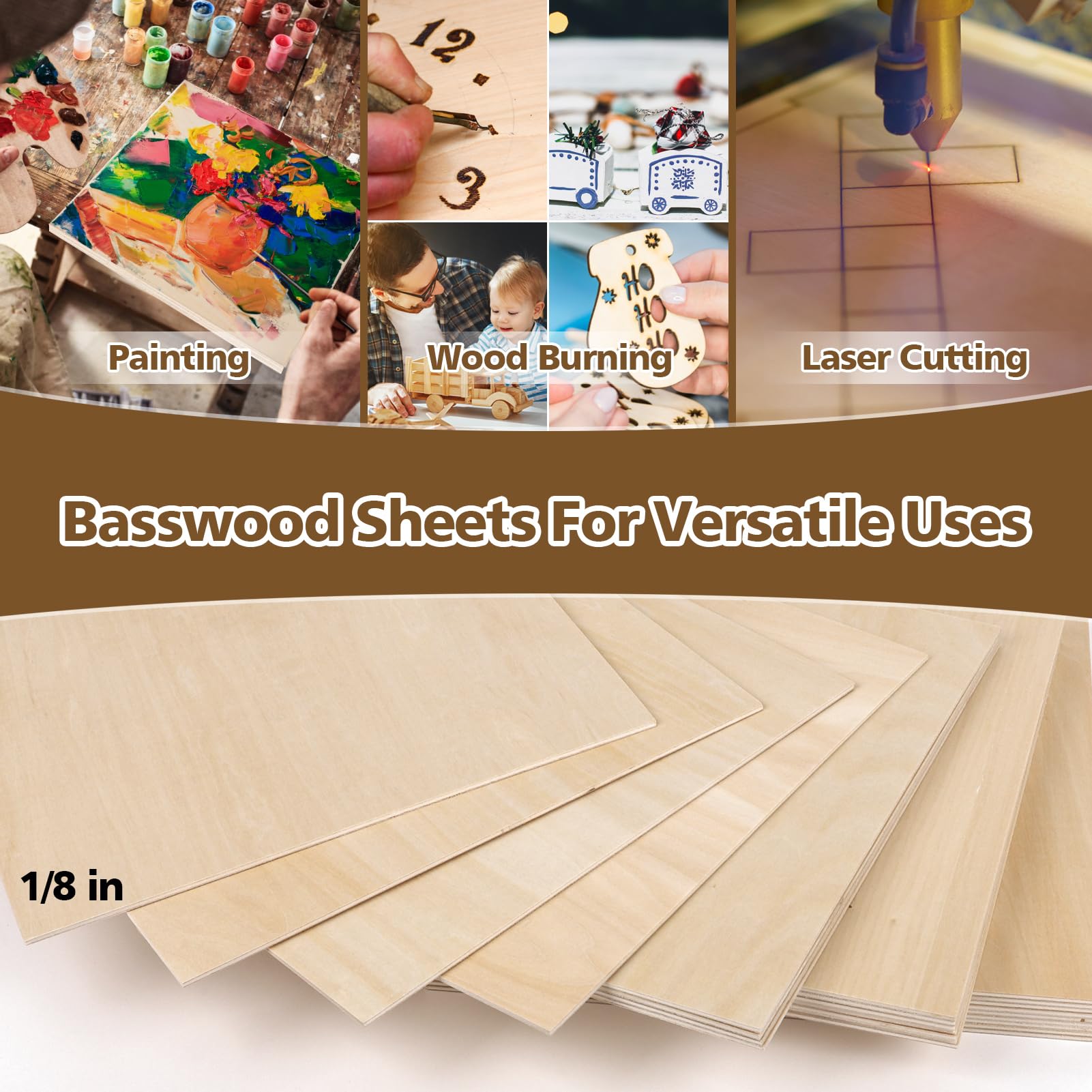 Adrattnay Basswood Sheets 3mm - 1/8 x 12 x 12 inch, 24pcs Square Laser Basswood Plywood for Laser Cutting & Engraving DIY Crafts, Wood Burning, Painting, Architectural Model Building