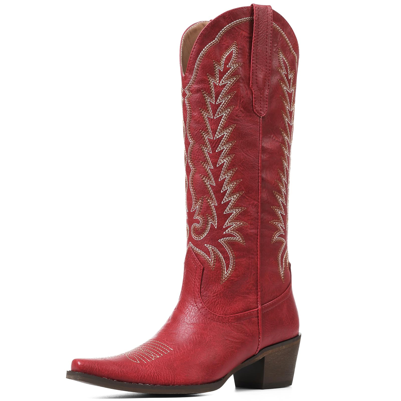 Photo 1 of **HAS MINOR DAMAGES TO SOLE & TOE*** Tscoyuki Cowboy Red Boots for Women: Embroidered Western Knee High Boots Women - Pointed Toe Chunky Heel Cowgirl Tall Boots, Size 7