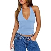 REORIA Womens Halter Tank Tops Double Lined Basic Cami Shirts Sexy Backless Y2K Trendy Going Out Tops