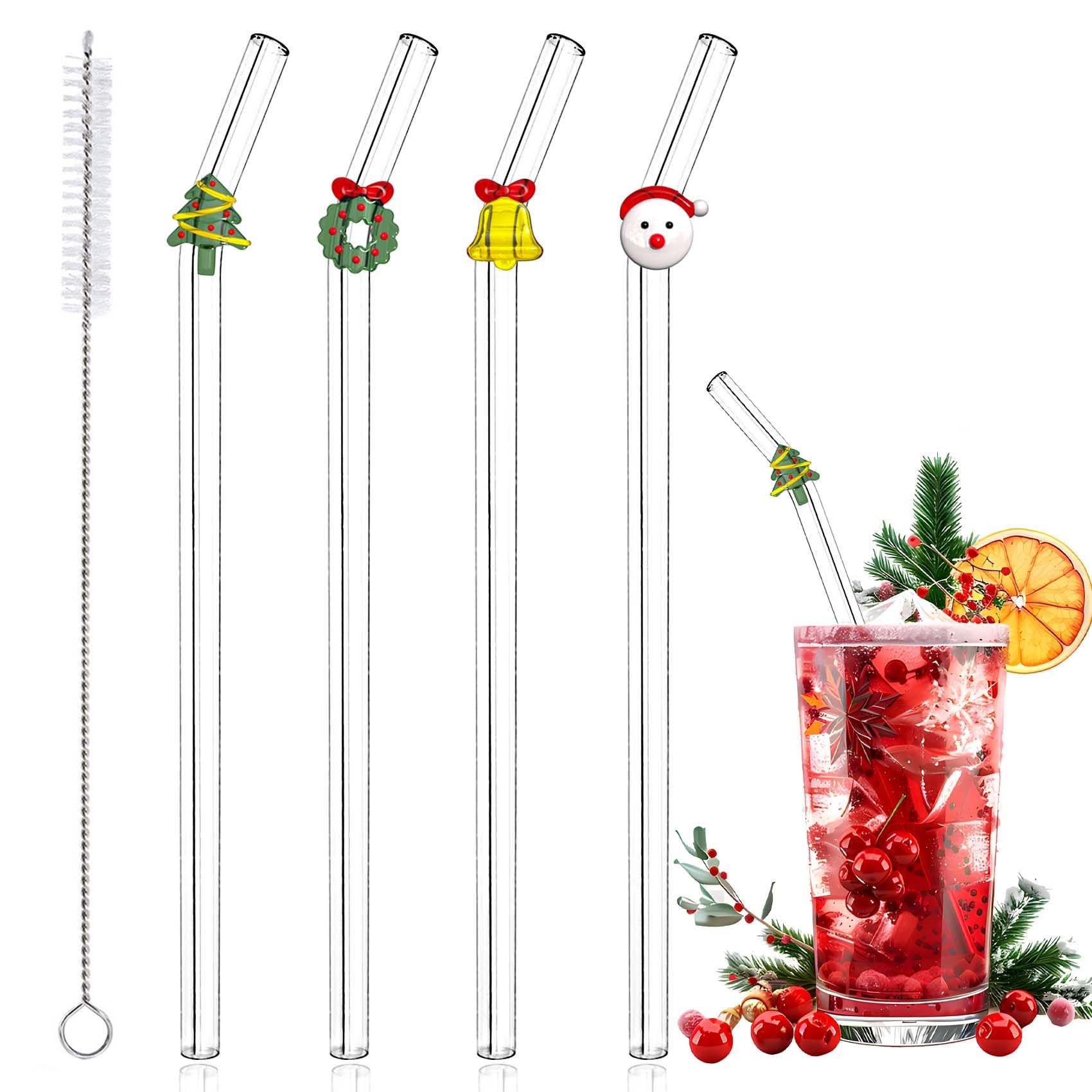 Photo 1 of 4 Pcs Christmas Reusable Glass Straws, Cute Christmas Shaped with Cleaning Brush for Coffee, Smoothies, Milkshake, Glass Straws with Charms for Xmas Party and Decoration