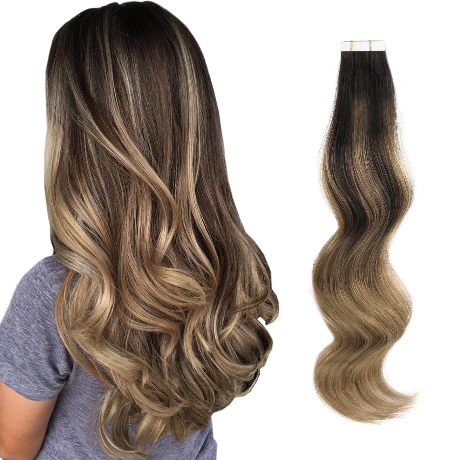 ABH AMAZINGBEAUTY HAIR Sun-kissed Human Hair Tape Extensions Balayage Double Sided Real Remy Human Hair Skin Weft, 50g 20pcs, Chestnut Brown with Darkest Brown B2-6, 20 Inch — image 1