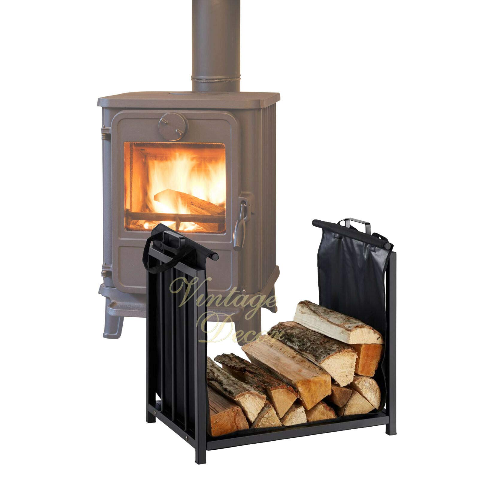 Vintage Decor by DWD ® 2 Tier Black Metal Outdoor Indoor Log Rack with Fireplace Accessories (4 Tools) I Log Holder with Canvas Carrier Bag (Log Holder with Canvas Bag)