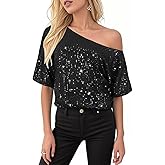 JOLISSLAN Womens Sparkly Sequined Tops Short Sleeve One Shoulder Loose Oversize T-Shirts Giltter Blouse Cocktail Rave Party