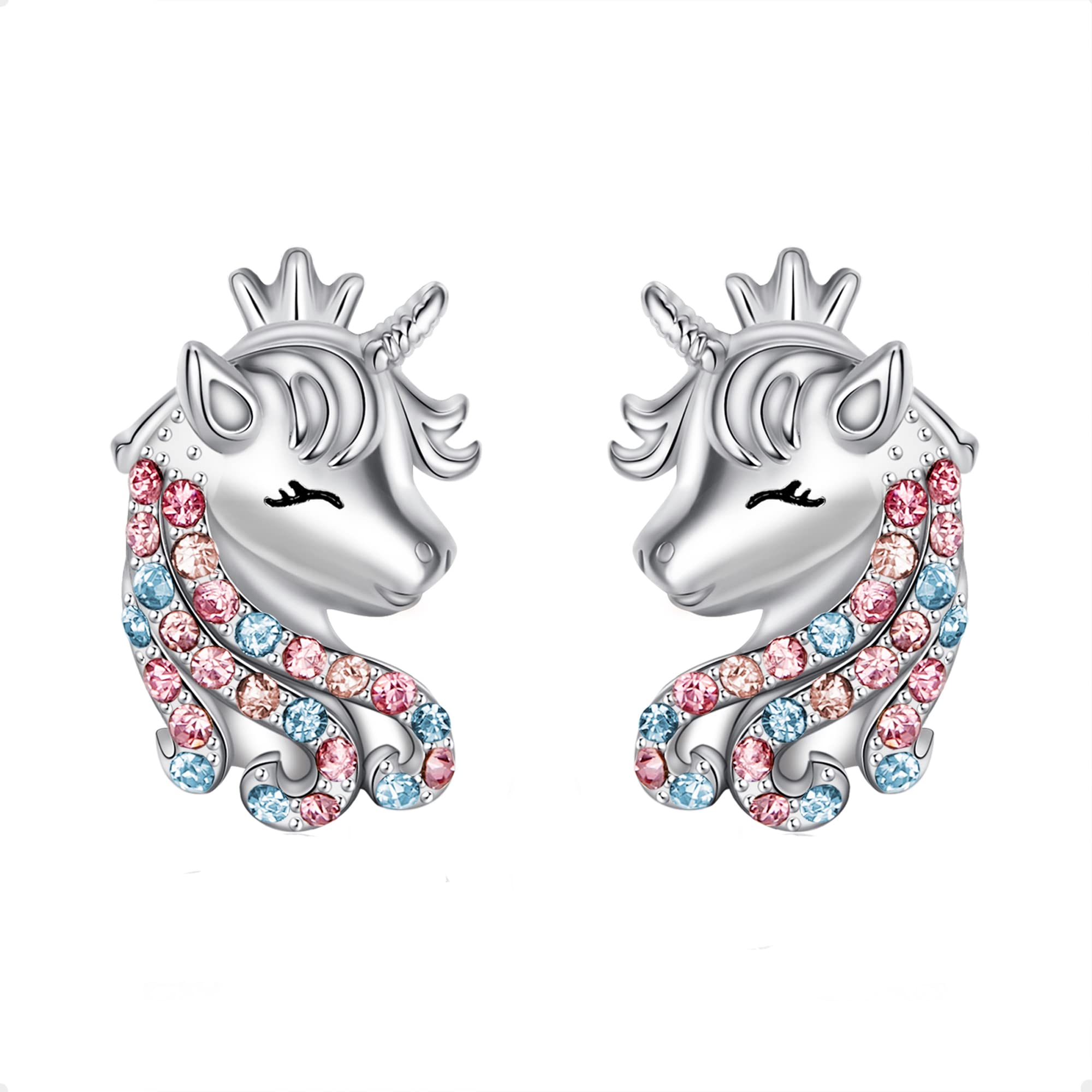 Unicorn Earrings for Girls, 925 Sterling Silver Multicolor CZ Lucky Unicorn Stud Earrings Birthday Christmas Jewellery Gifts for Daughter Granddaughter