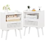 Lerliuo Rattan Nightstands Set of 2, Side Table with Drawer Open Shelf, Cane Accent Bedside End Table with Solid Wood Legs, Mid Century Modern Night Stand for Bedroom, Dorm and Small Spaces (White)