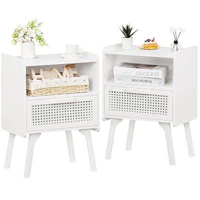 Lerliuo Rattan Nightstands Set of 2, Side Table with Drawer Open Shelf, Cane Accent Bedside End Table with Solid Wood Legs, Mid Century Modern Night Stand for Bedroom, Dorm and Small Spaces (White)