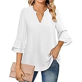 Lotusmile Womens Tops Dressy Casual 3/4 Tiered Bell Sleeve Blouses Double Layered Chiffon Work Tunic Shirts