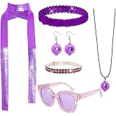 6 Pcs 70s Women Disco Accessories Disco Costume Disco Sequin Scarf Headband Diamond Bracelet Ball Necklace Earring Glasses