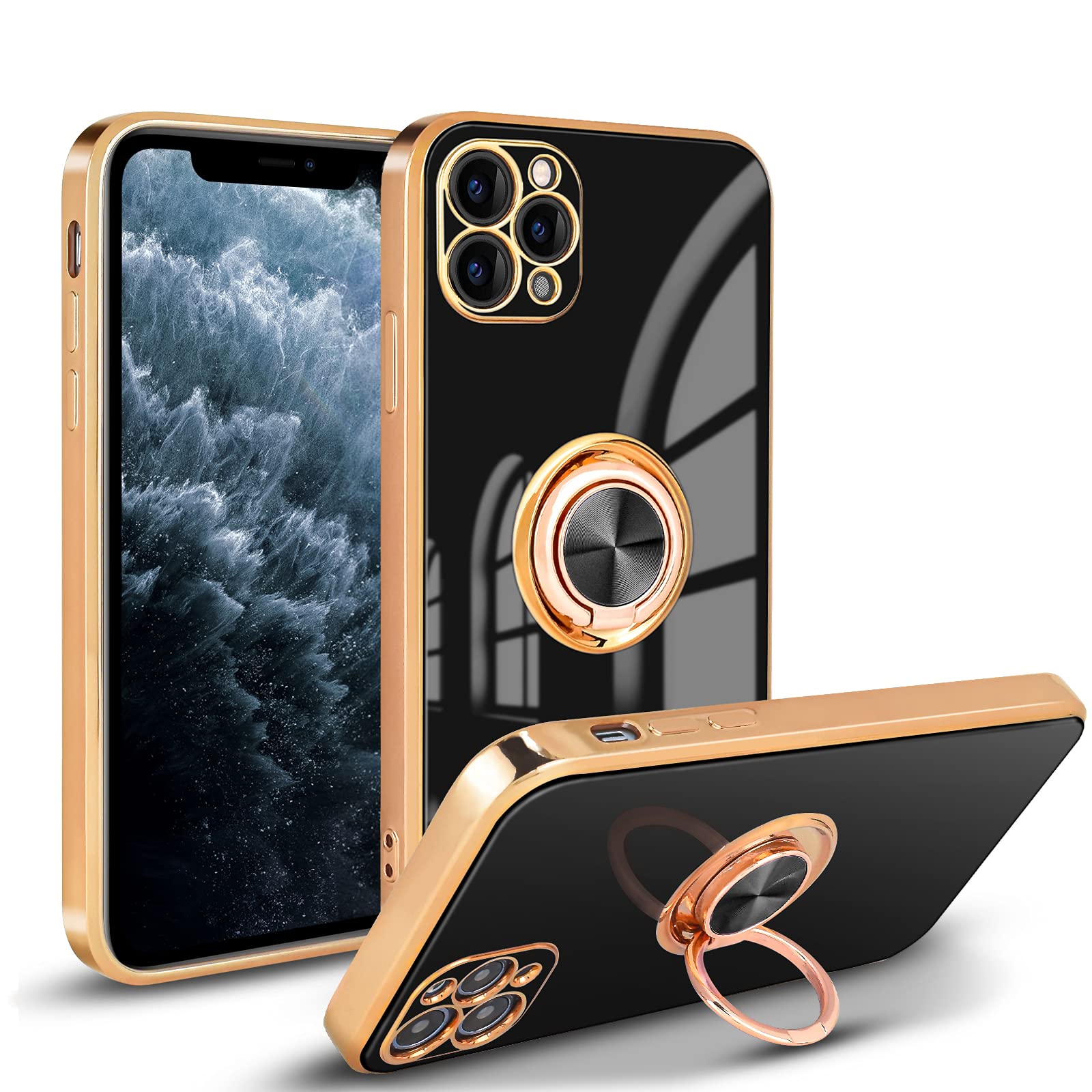 Newseego Compatible iPhone 11 Case, Electroplated Soft Silicone Shockproof Protective Cover 360 Degree with Rotation Magnetic Car Finger Ring Holder - Black