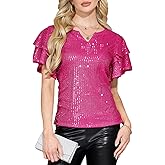 YHHOWEP Women Sparkle Sequin Tops Glitter V Neck Blouse Tiered Ruffles Sleeve Cocktail Soiree Evening Party Disco Club Shirt