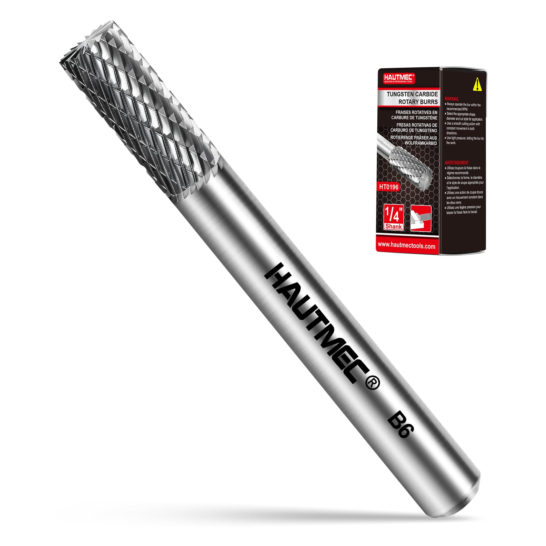 HAUTMEC Tungsten Carbide Rotary Burr Bit YG6, 1/4" Shank Double Cut Die Grinder Bit, Low Vibration Precision Rotary File for Metal Grinding, Engraving & Deburring (6MM Cylindrical Flat End), HT0196