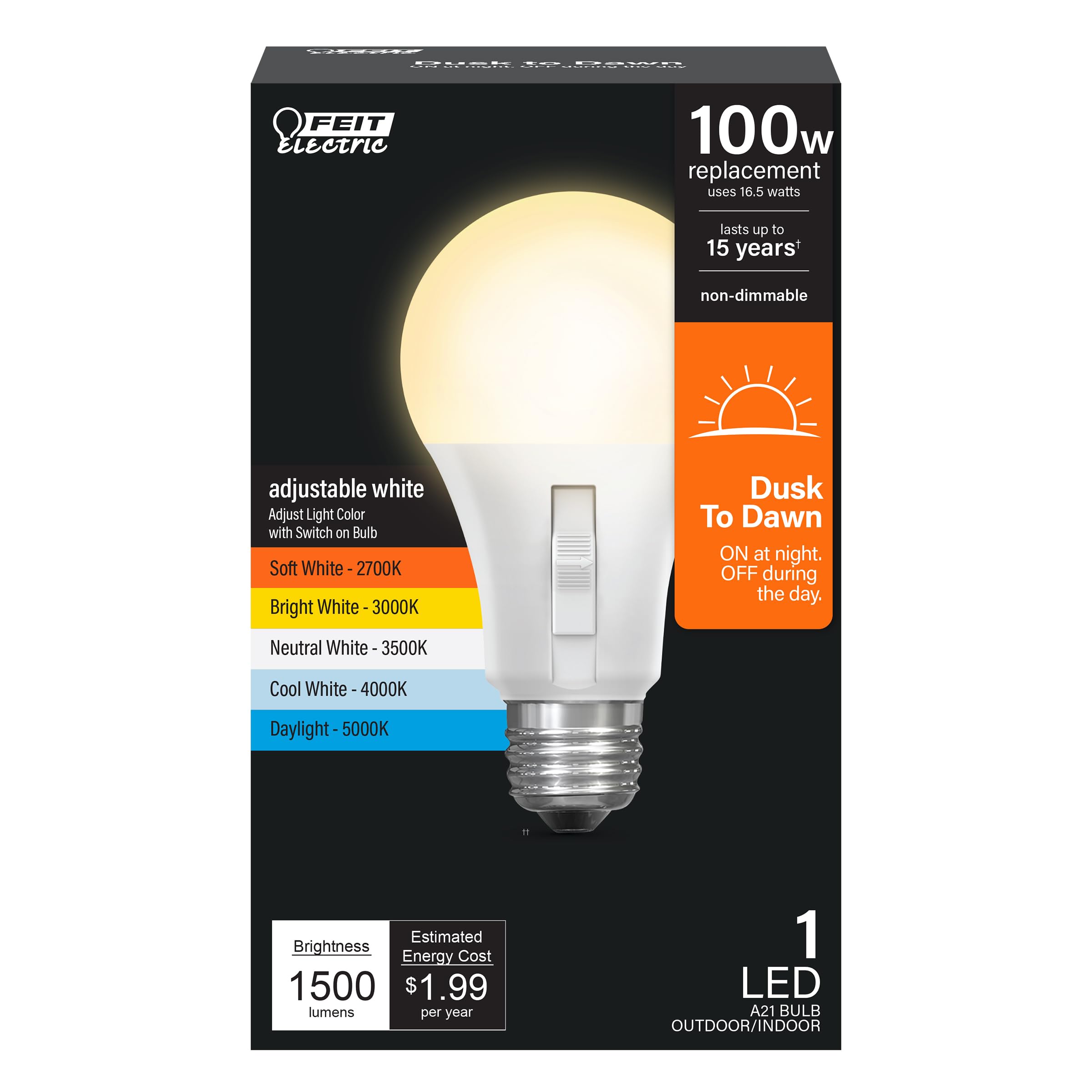 Photo 1 of Feit Electric LED Dusk to Dawn Light Bulb, A21 100W Equivalent, 5CCT, Non-Dimmable, E26 Medium Base, 90 CRI, 1500 Lumens, Adjustable White, 15 Years Lifetime, OM100/5CCTCA/DD/LEDI