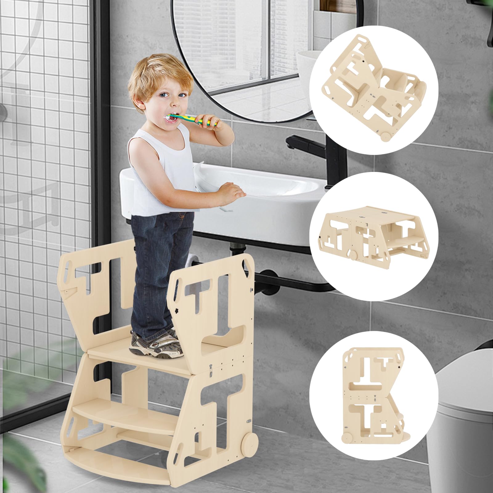 Photo 1 of 2 in-1 Toddler Step Stool, Foldable Step Stool for Bathroom Sink, Kids Toilet Potty Training Stool, Wooden Convertible Kids Table and Stool with Handles and Wheels, Child Kitchen Counter Stool Helper