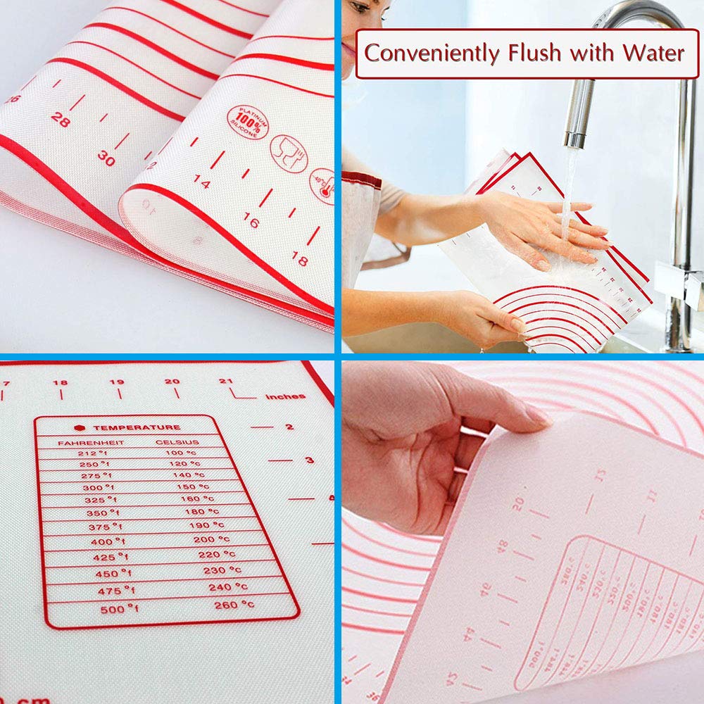 Silicone Pastry Mat with Measurements, FDA Approved, Non Stick Pastry Mat for Rolling, 23.6“ x 15.7” Heat Resistant, Food Grade (Red)