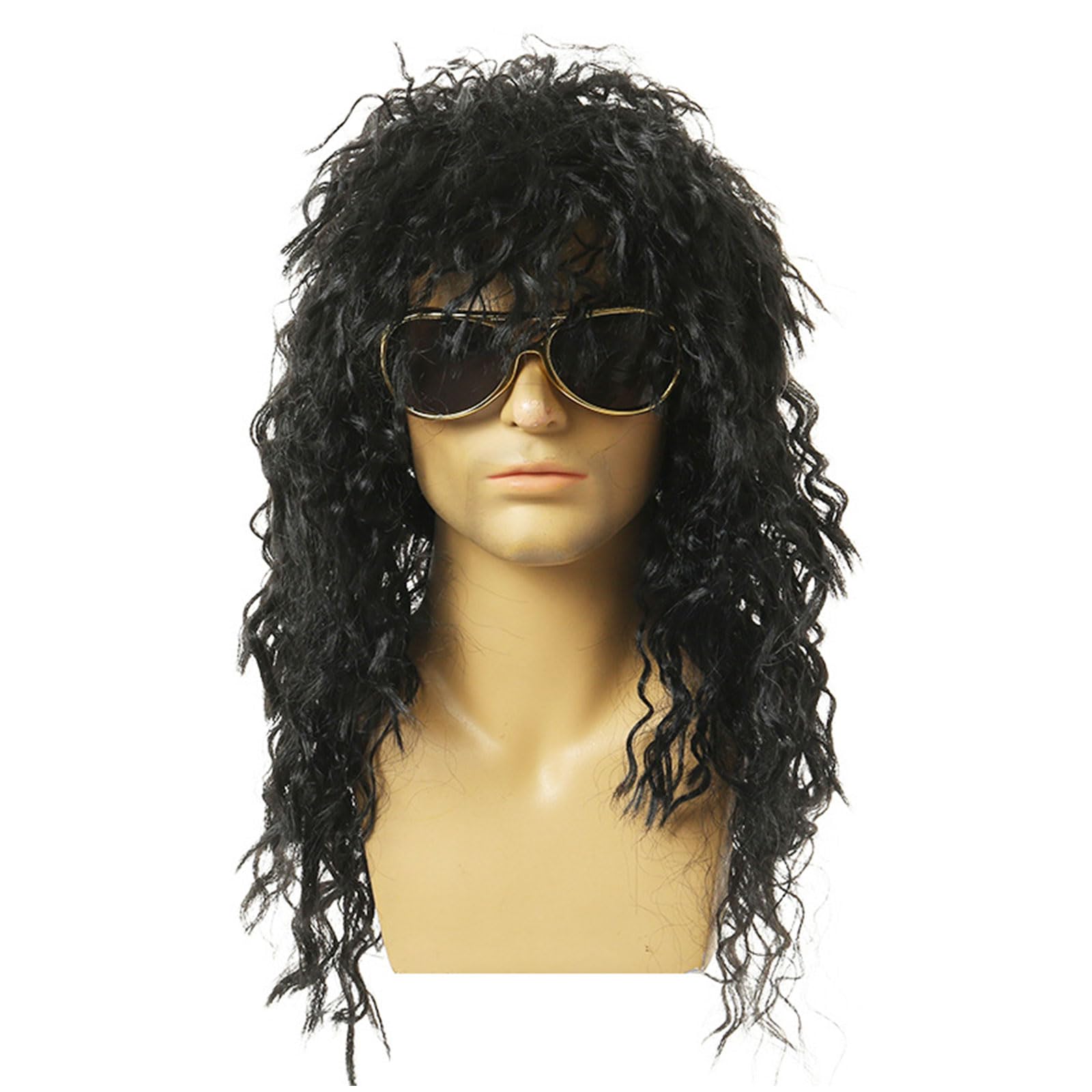 SKHAOVS 70s 80s Heavy Metal Disco Wig Rock Star Heavy Metal, Hard Rocker Wig, Glam Rock Fancy Dress, Long Curly Hat Black Rocker Costume Ancy Dress Accessories (Black)