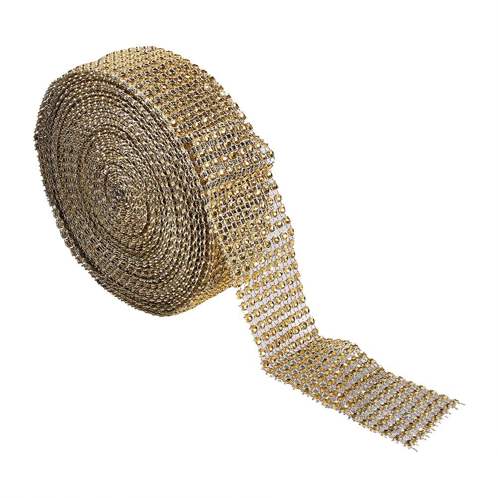 Atyhao Rhinestone Diamond Ribbons, Sparkling Mesh Ribbon Trim for Bridal Bouquet Frames Vases Wedding Party Decoration, 8 Rows 10 Yards Golden