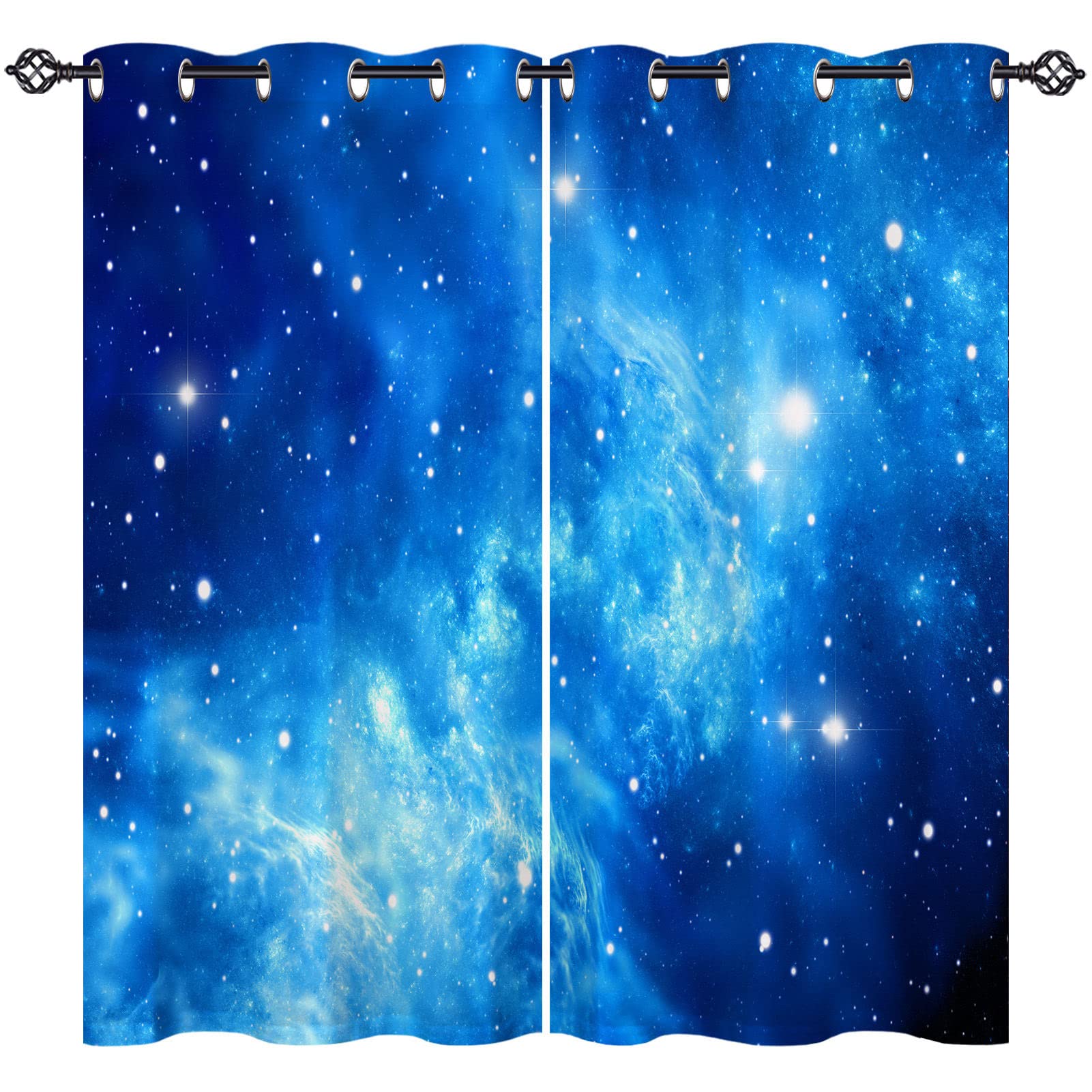 ANHOPE Blue Galaxy Curtains Eyelet 80% Blackout Room Darkening Curtains with Space Nebula Print Pattern Thermal Insulated Window Drapes for Kids Boys Bedroom Living Room 46 x 54 Inch Drop 2 Panels