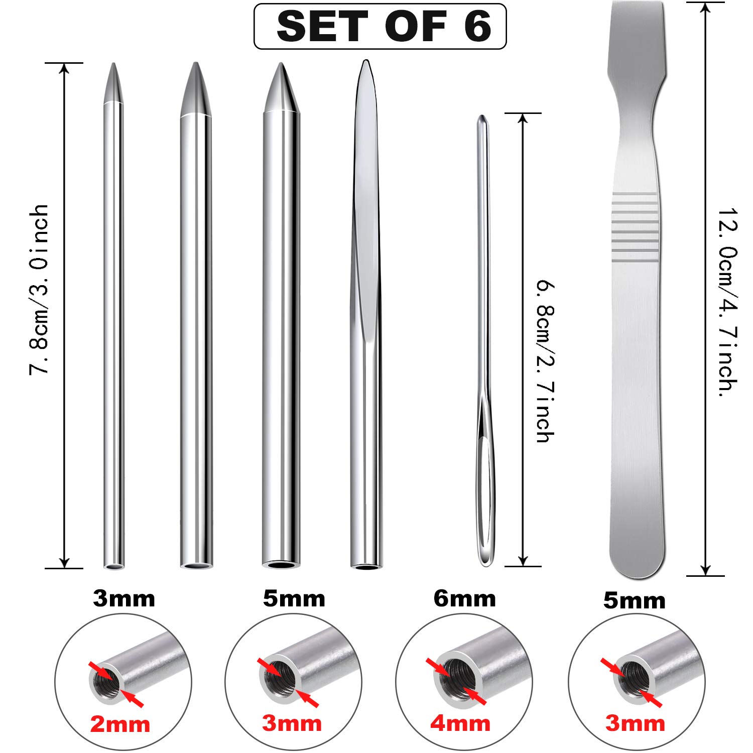 BBTO 6 Pieces Paracord Stitching Set 6 Sizes Paracord FID Lacing Stitching Needles Smoothing Tool Lacing Leathercraft Needle Silvery
