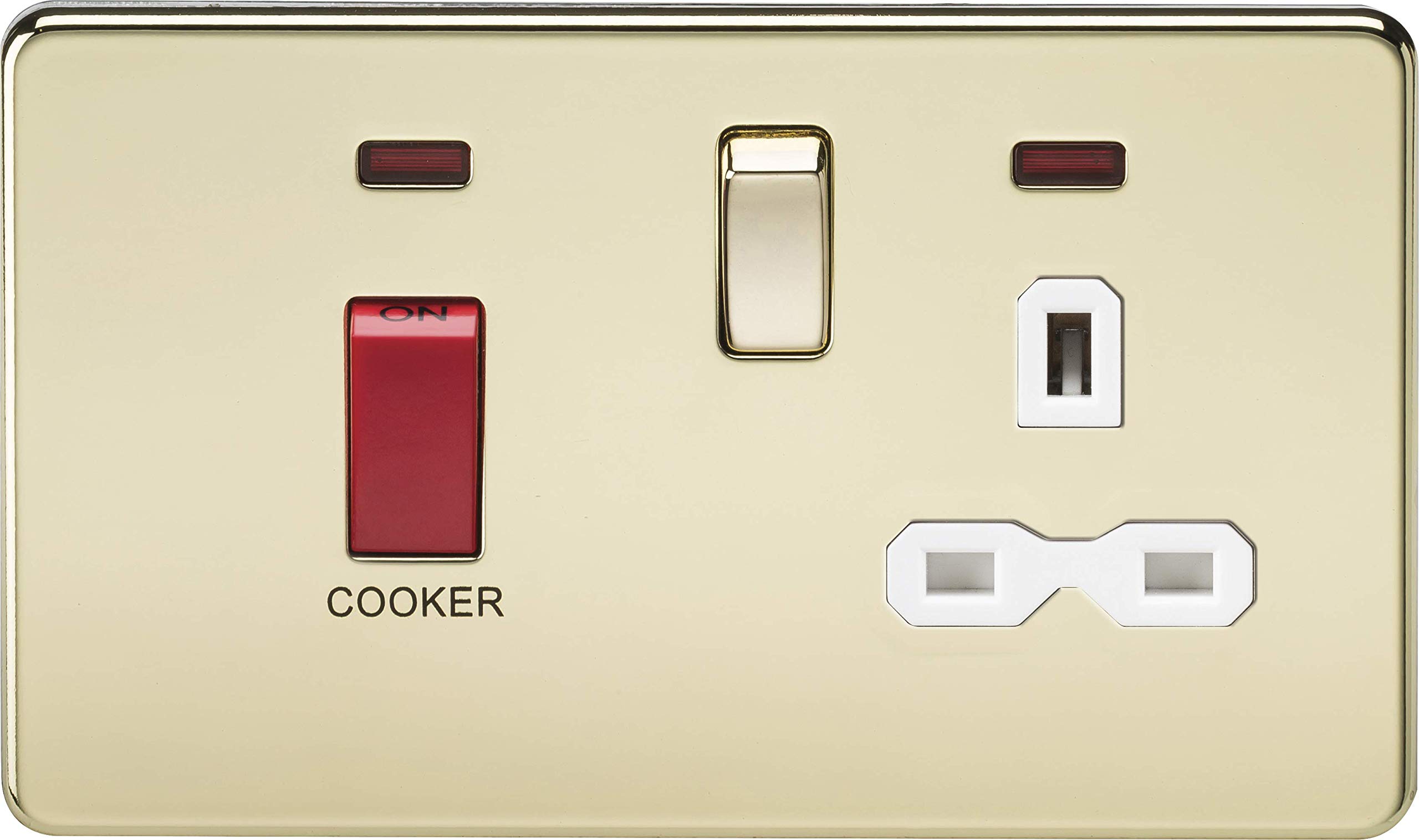 Knightsbridge SFR8333NPBW 45 A DP Screw Less Switch and 13 A Polished Neon Switched Socket with White Insert - Brass