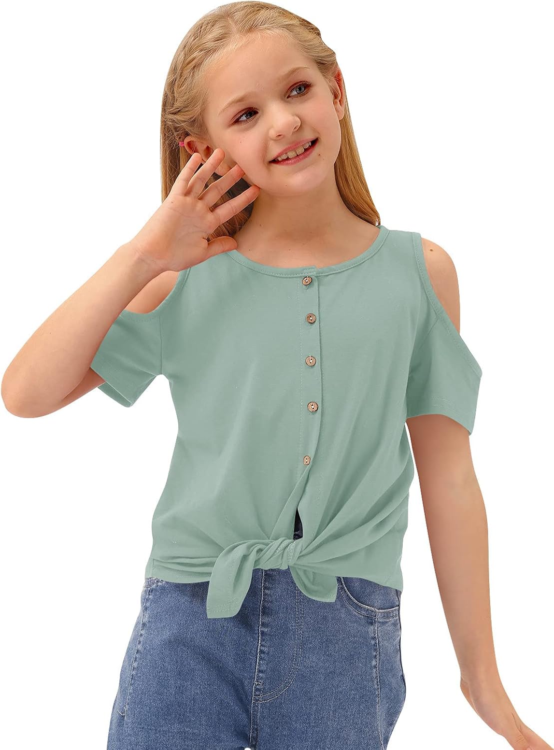 BesserBay Girl's Tie Front Cold Shoulder Short Sleeve Tunic Shirt 3-12 Years: Clothing