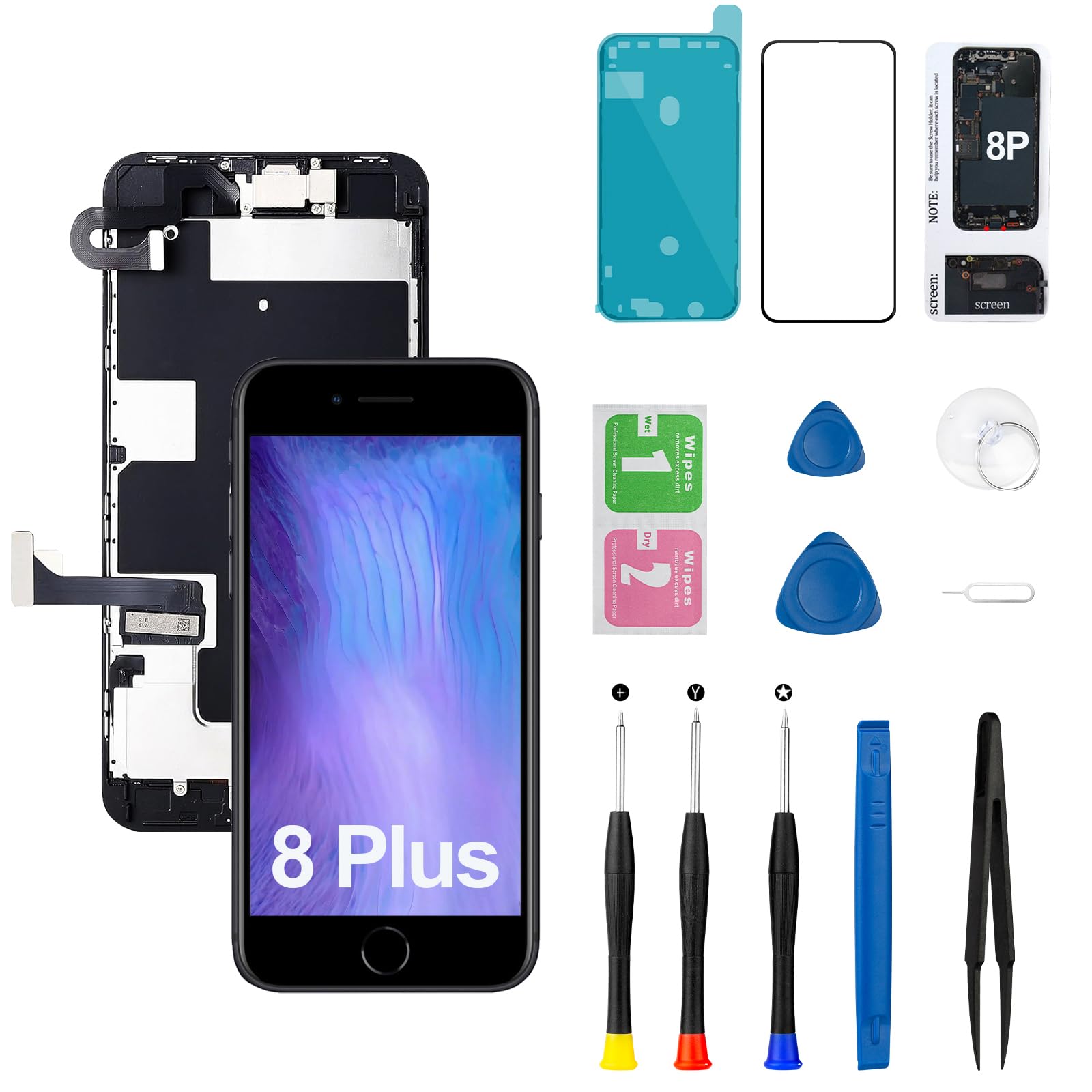 Photo 1 of for iPhone 8 Plus Screen Replacement Kit A1864 A1897 A1898 with Ear Speaker Proximity Sensor Home Button Front Camera 3D Touch LCD Display Digitizer Black 5.5 inch