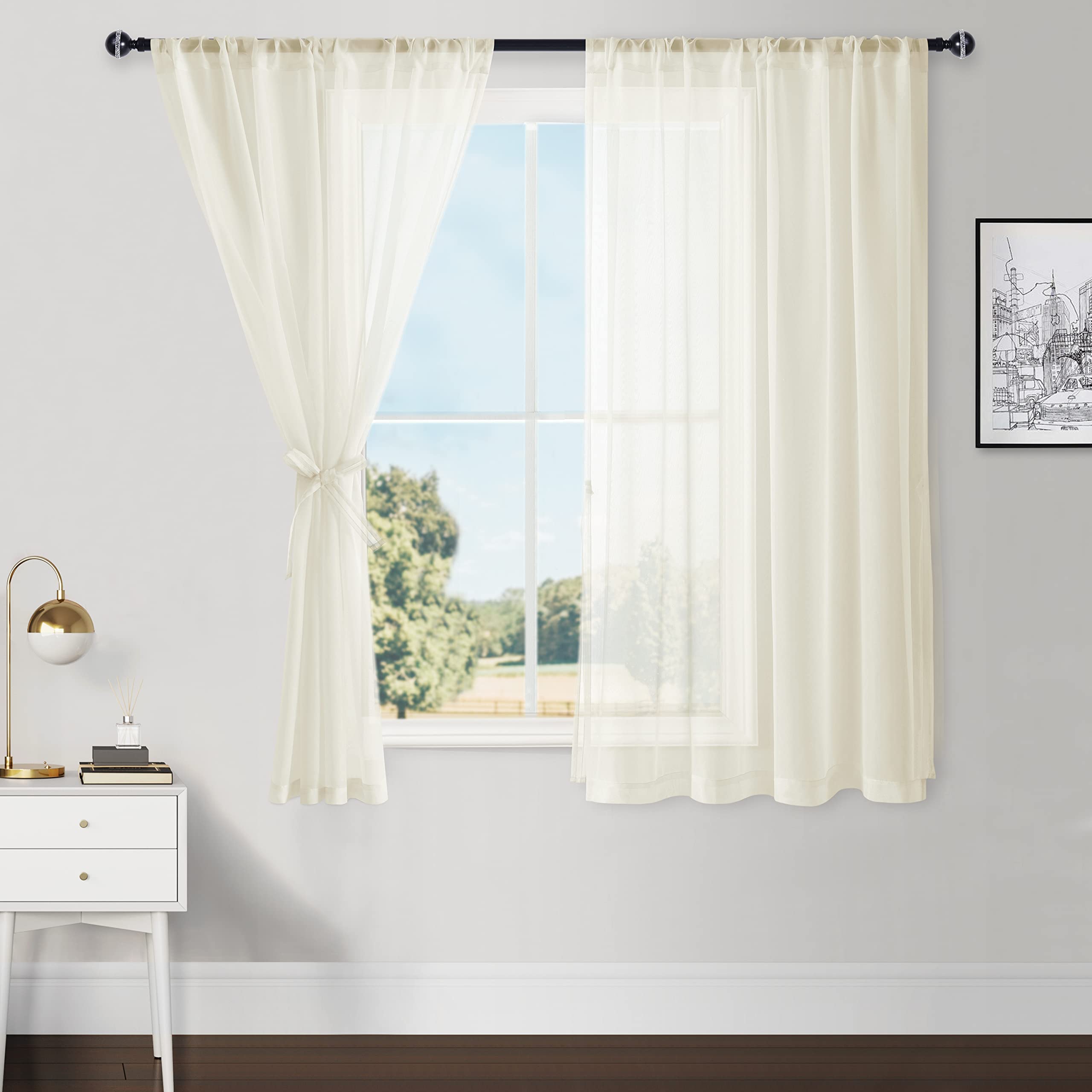 Photo 1 of Hiasan Sheer Curtains for Bedroom with Tiebacks, Rod Pocket Light Filtering Lightweight Voile Textured Small Window Curtains for Kitchen, Living Room, Nursery, Ivory, W52 x L45, Set of 2 Panels