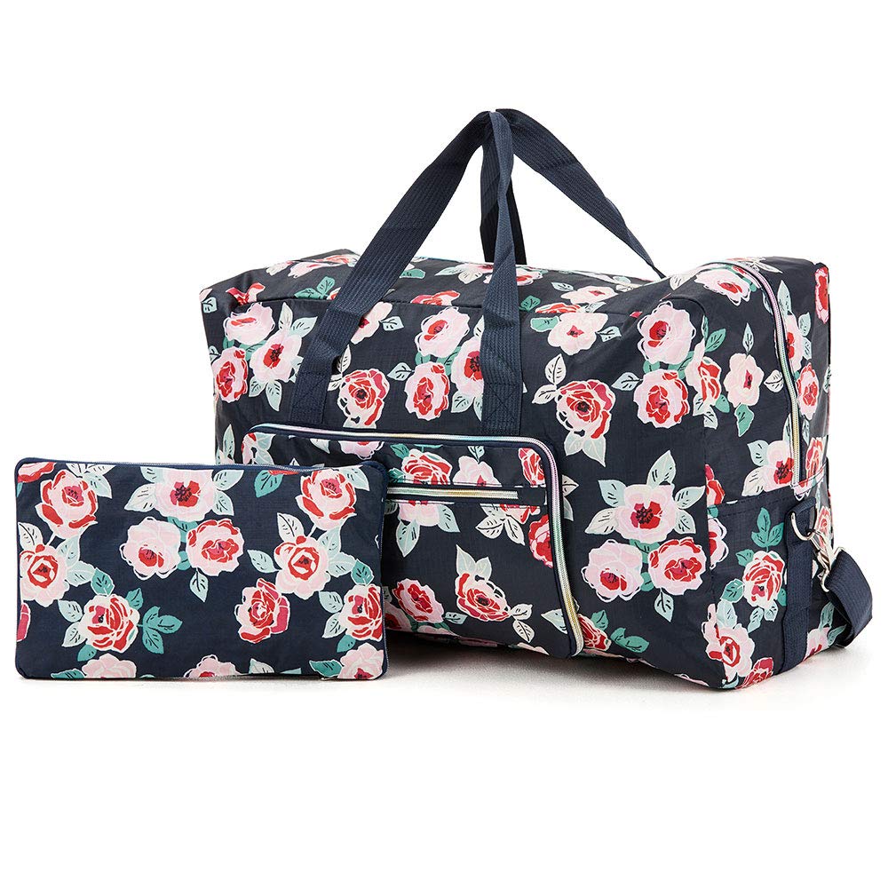 Arxus Large Foldable Duffel Tote Carry on Weekend Overnight Travel Bag Over Luggage with Shoulder Strap (Rose Flower)