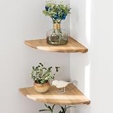 Conamily Corner Shelves, Floating Corner Shelf, Set of 2 7inch Solid Oak Wood Wall Shelves, Round End Wall Mount with Wire Hole Shelving for Small Plant for Bedroom Kitchen, Living Room