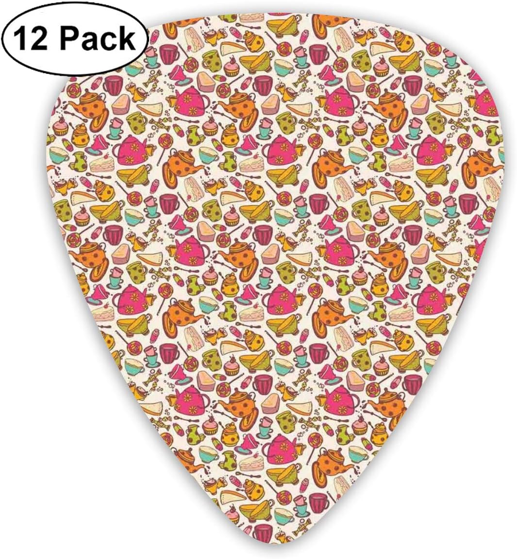 Guitar Picks 12-Pack,Retro Style Kitchen Things Pattern Cups And Pots Delicious Cakes Colorful Candies