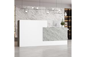 ROMSHINE White Reception Desk with Counter, 86.6 inch Wide Front Desk Modern Reception Room Table, Checkout Counter Table, Salon Reception with Stone Pattern Decor