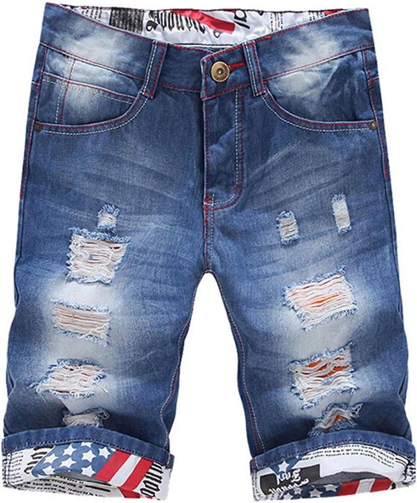 ClothingLoves Men's Denim Ripped Mid Waist Plus Size Bleached Jeans Shorts