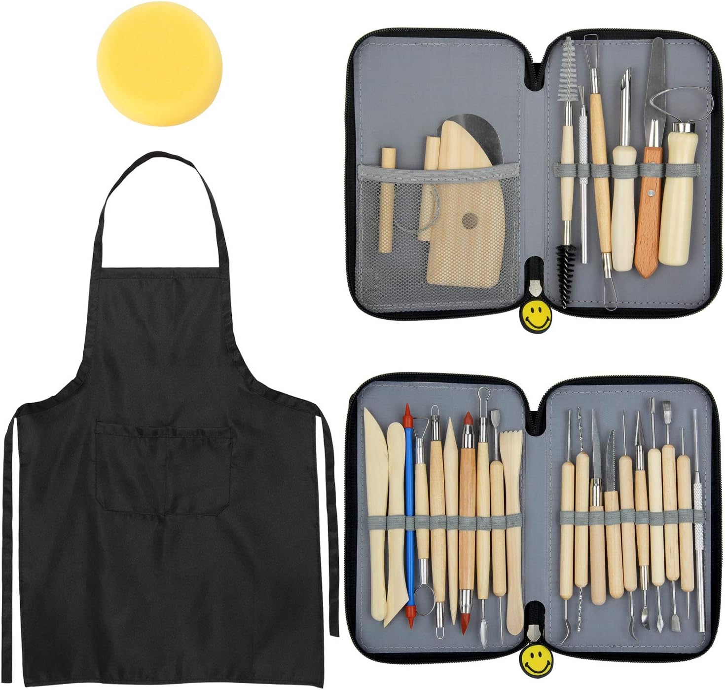 Blisstime Set of 30 Clay Sculpting Tool Wooden Handle Pottery Carving Tool Kit Carrying Case Apron