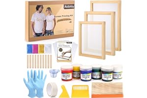 Aoibrloy 43 Pieces Screen Printing Kit with 6 Fabric Screen Printing Ink, Wood Screen Printing Frames, Screen Printing Squeegee, Inkjet Transparency Film