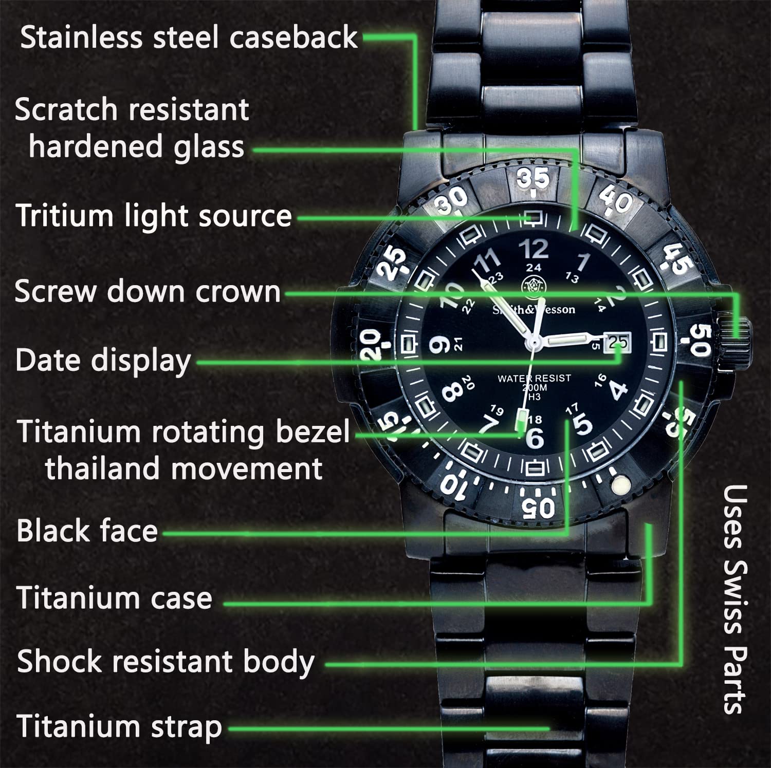 Smith & Wesson 357 Series Swiss Tritium H3 Tactical Military Watch, 20ATM Waterproof Men's Diver Tiempeice with Analog Display, 45mm Field Watch with Rubber Strap, Swiss Parts, Thailand Movement