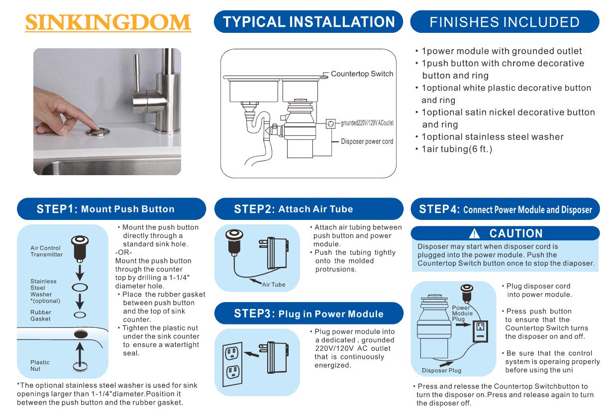 SINKINGDOM Garbage Disposal Air Switch Kit with Long Button, Matte Black (Brass Cover)